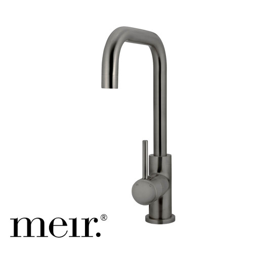Meir Round Square Neck Kitchen Mixer Tap in PVD Shadow Gunmetal Finish with 360 Swivel for Modern Australian Kitchens and Laundries