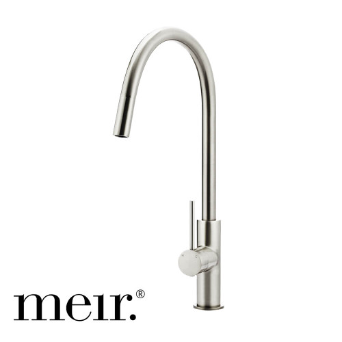 Meir Round Piccola Pull Out Kitchen Sink Mixer Tap in PVD Brushed Nickel finish for modern Australian kitchens.