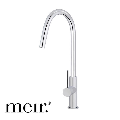 Meir Round Piccola Pull Out Kitchen Mixer Tap in Polished Chrome finish, featuring a swivel spout and retractable hose for modern Australian kitchens.