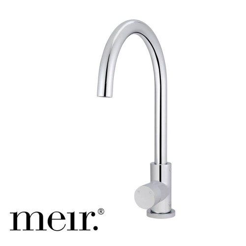 Meir polished chrome round pinless handle kitchen sink mixer tap available for delivery in Melbourne and across Australia.