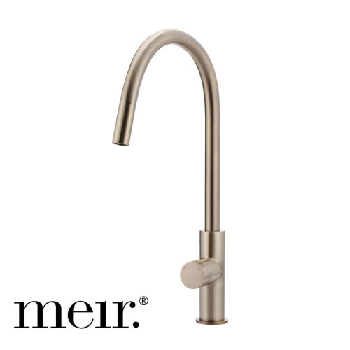 Meir Round Pinless Piccola Champagne Pull Out Kitchen Mixer Tap with Dual Spray Functions and Solid Brass Construction, Available in Australia.