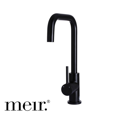 Meir Round Square Neck Kitchen Mixer Tap in Matte Black Finish for modern Australian kitchens.