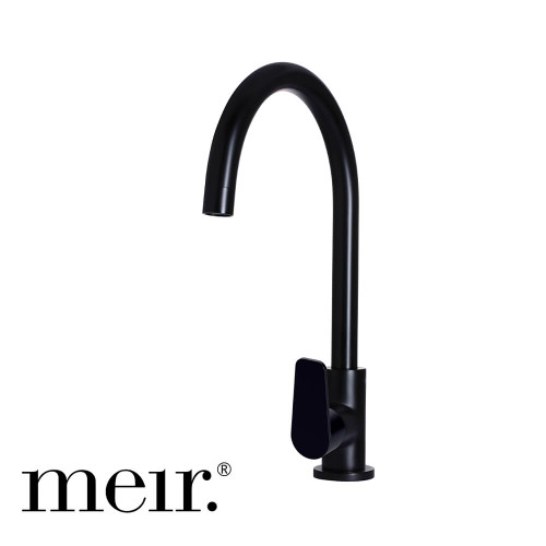 Meir Matte Black Round Gooseneck Kitchen Sink Mixer Tap with Paddle Handle for modern Australian homes.