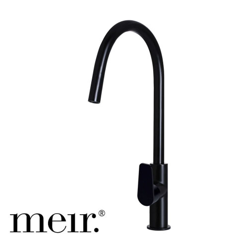 Meir Round Paddle Piccola Pull Out Kitchen Mixer Tap in Matte Black finish, a modern and functional choice for Australian kitchens.
