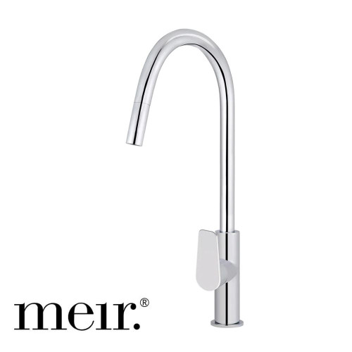Meir Round Paddle Piccola Pull Out Kitchen Mixer Tap in Polished Chrome finish featuring an ergonomic retractable nozzle and dual spray functions for modern Australian kitchens.