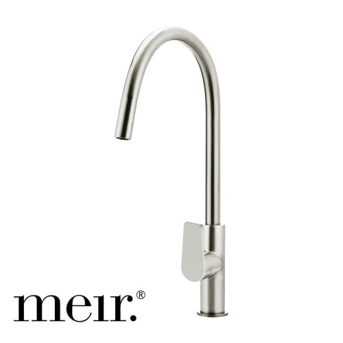 Meir Round Paddle Piccola Pull Out Kitchen Mixer Tap in PVD Brushed Nickel for Australian kitchens and laundries.