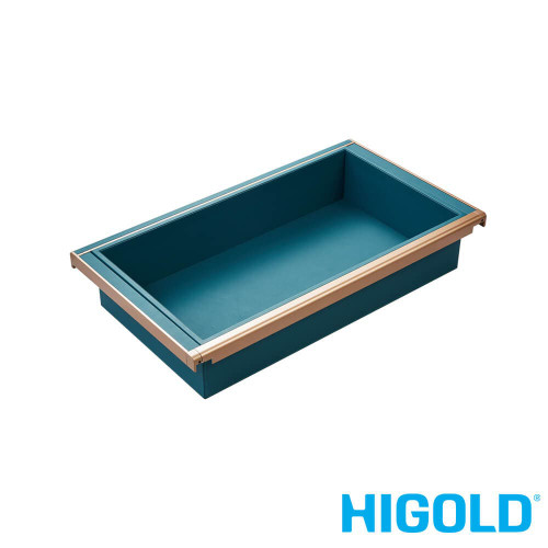 Higold B Series Shallow Profile Pull-Out Wardrobe Basket in Tiffany Teal, Premium Leather Finish Closet Organiser for Australian Homes.