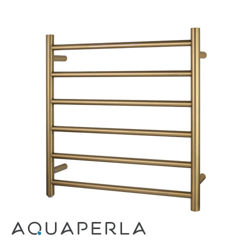 Aquaperla Brushed Yellow Gold 6 Bar Round Electric Heated Towel Rail in Modern Australian Bathroom Interior
