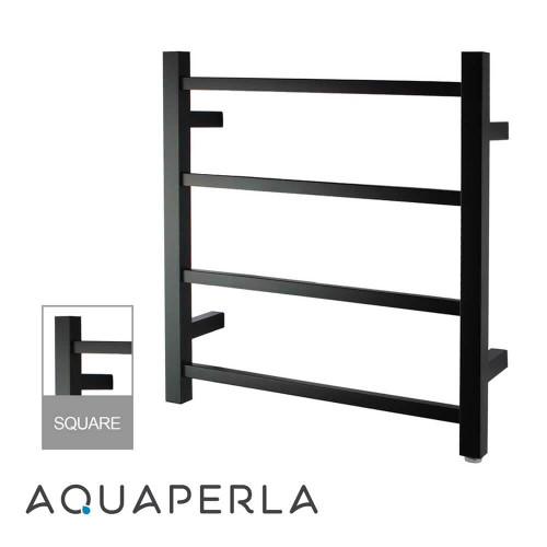 Aquaperla 4 Bar Matte Black Square Electric Heated Towel Rack for modern Australian bathrooms.