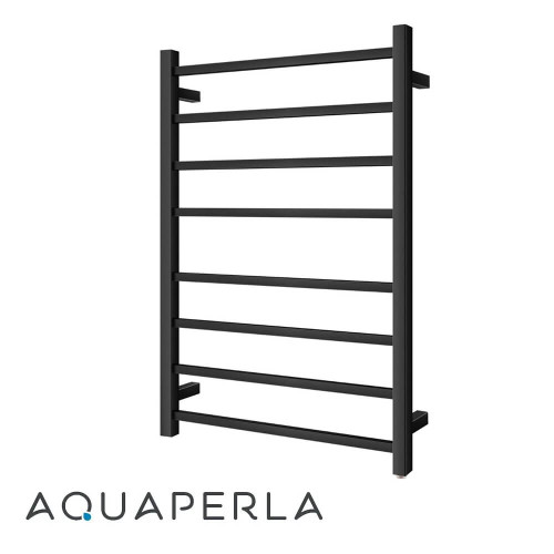 Aquaperla 8 Bar Square Matte Black Electric Heated Towel Rack for modern Australian bathrooms.
