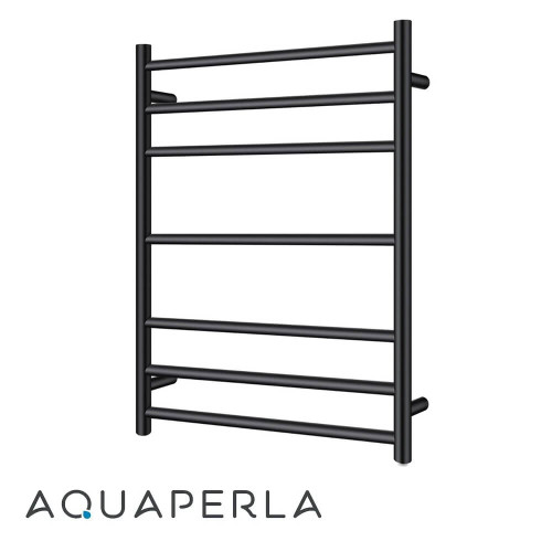 Aquaperla 7-Bar Round Matte Black Electric Heated Towel Rail 600mm x 800mm for modern Australian bathrooms.