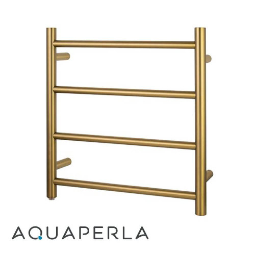Aquaperla Brushed Yellow Gold Round Heated Towel Rail with 4 Horizontal Bars for Modern Australian Bathrooms