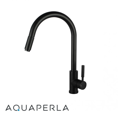 Aquaperla Round Matte Black Pull Out Kitchen Mixer Tap with Swivel Spout, Australia.
