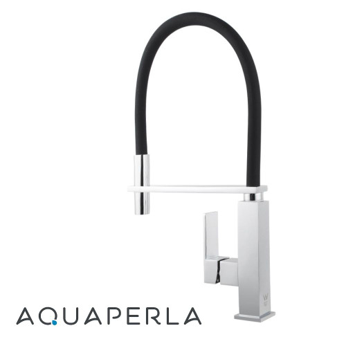Aquaperla Blaze Chrome Pull Down Kitchen Sink Mixer Tap with Black Silicone Spout, Modern Brass Tapware Australia