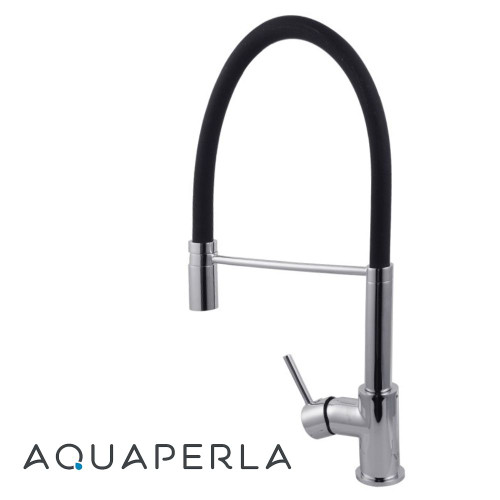 Aquaperla Round Chrome Kitchen Sink Mixer Tap with Black Gooseneck, Modern Australian Kitchen Hardware.