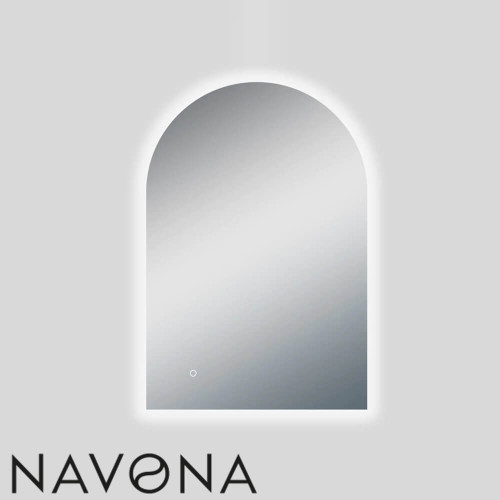 Navona 900mm Frameless Arch LED Illuminated Bathroom Mirror with 3-colour dimmable lighting and defogger available in Australia.