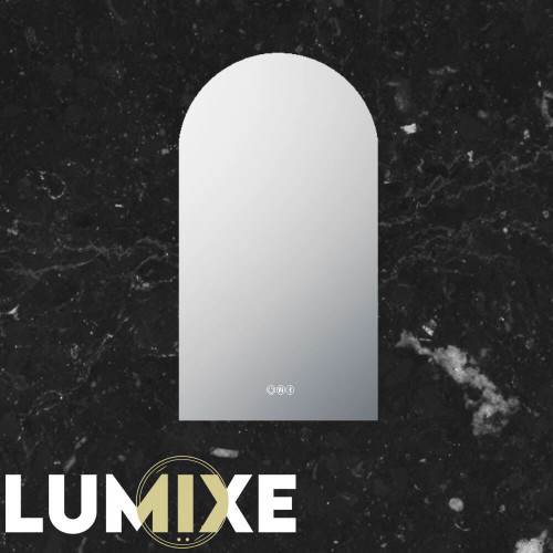 Lumixe Aura B Arc Frameless LED Illuminated Bathroom Mirror with Bluetooth Speakers and Touch Sensor for modern Australian homes.