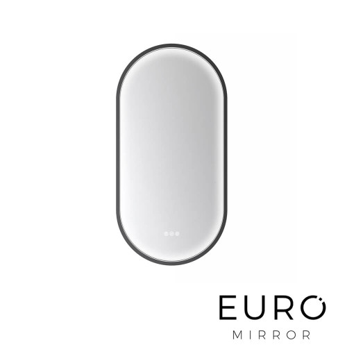 Euro Mirror Kapsel black oval LED illuminated bathroom wall mirror with integrated lighting and defogger available at Renovator Store Australia.
