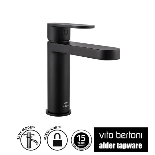 Alder Kali Matte Black Basin Mixer Tap with streamlined paddle lever and fixed spout for contemporary Australian bathrooms.