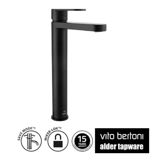 Modern Alder Kali Matte Black Save Mode Extended Basin Mixer Tap for contemporary Australian bathrooms.