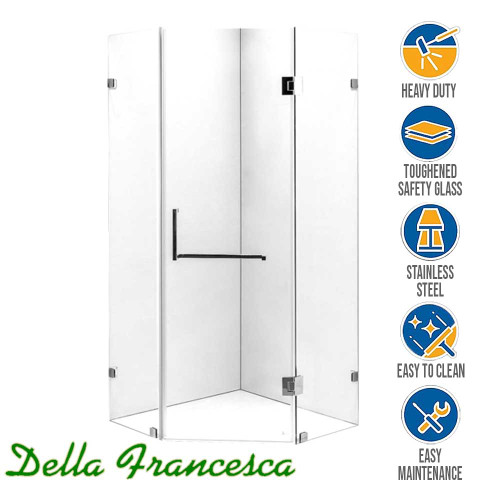 Modern frameless diamond shape glass shower screen with chrome hinges and 2000mm height, available for bathrooms in Australia.