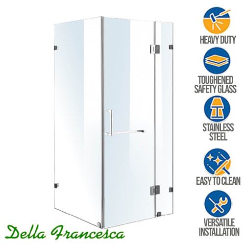 Frameless 1100mm glass shower screen with polished chrome square hardware for modern Australian bathrooms.