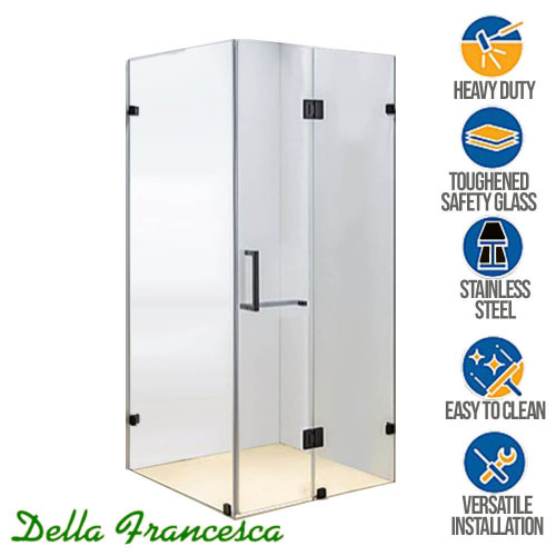 Frameless glass shower screen with matte black handle and hinges for a modern bathroom in Australia.