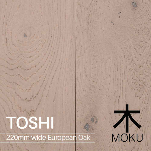 Moku Toshi 220mm wide engineered European oak floorboard in grey and light tan tones, available at Renovator Store Australia.