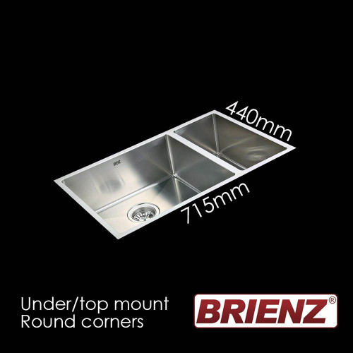 Brienz 715mm Stainless Steel 1.5 Bowl Kitchen Sink with Rounded Corners for Undermount or Top Mount Installation in Australia.
