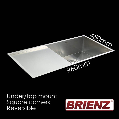 Single-bowl stainless steel kitchen sink with built-in drainer and square corners from Brienz, available at Renovator Store Australia.