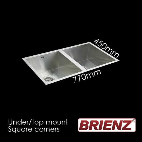 Brienz JMX6 double bowl stainless steel kitchen sink with square corners available at Renovator Store Australia.