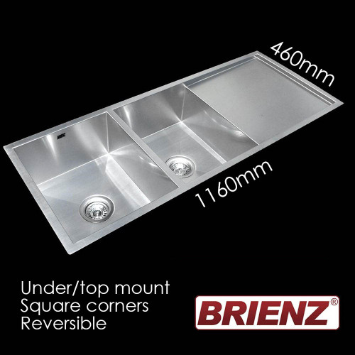 Brienz Stainless Steel Double Bowl Kitchen Sink with Drainer and Square Corners - Under-mount or Top-mount Installation Australia