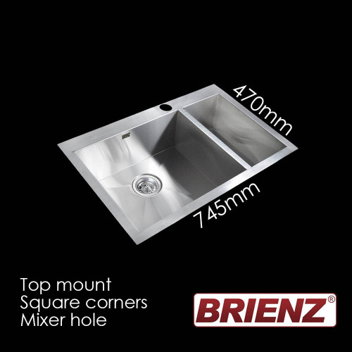 Brienz JMX12 770mm double bowl stainless steel kitchen sink with square corners for top mount or undermount installation in Australia.