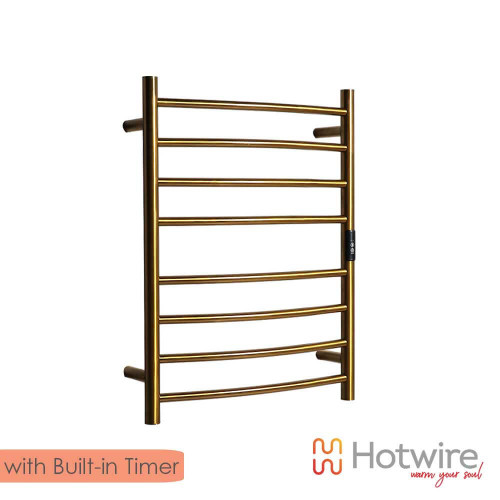 Hotwire Gold 8-Bar Curved Round Heated Towel Rail ladder for modern Australian bathrooms.