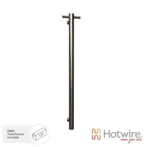 Hotwire Vertical Heated Towel Rail in Brushed Nickel finish, a single low voltage round bar ideal for space-saving bathroom heating in Australia.