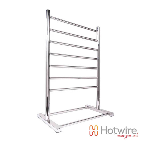 Modern free-standing heated towel rail in polished chrome, ideal for Australian bathrooms in Melbourne and Sydney.
