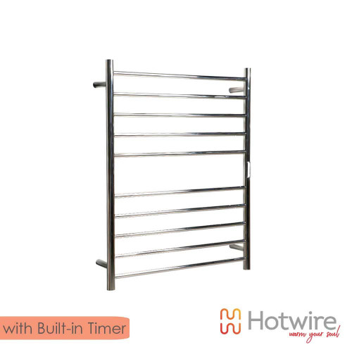 Classic chrome round bar heated towel rail with built-in timer for modern Australian bathrooms.