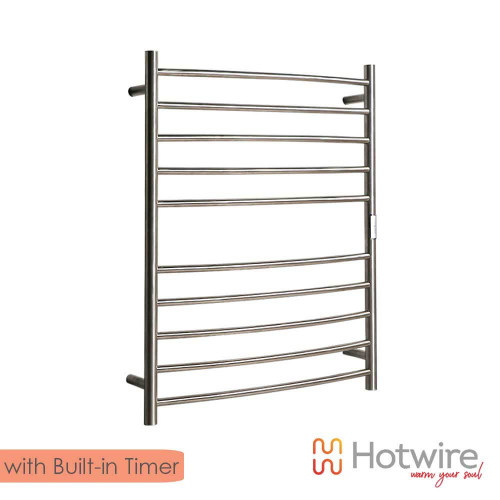 Modern brushed nickel vertical heated towel rail with built-in timer for Australian bathrooms.