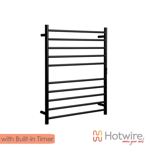 Modern matte black heated towel rail with built-in digital timer and 10 round bars for Australian bathrooms.