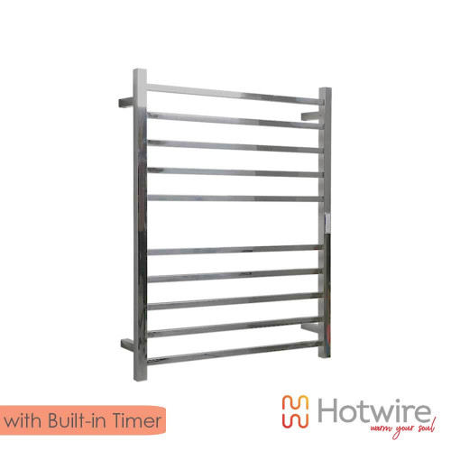 Classic 10-bar chrome heated towel rail with built-in timer for modern Australian bathrooms.