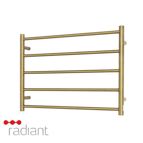 Radiant RTR03 Brushed Gold Round Bar Heated Towel Rail 750x550mm with 5 bars for modern Australian bathrooms.