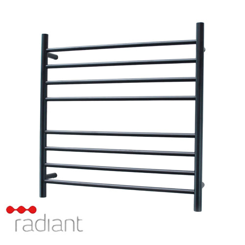 Radiant RTR06 Round Bar Heated Towel Rail 750x750mm Matte Black Stainless Steel 8-Bar Bathroom Ladder Australia