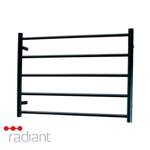 Radiant RTR03 Round Bar Heated Towel Rail 750x550mm in Matte Black Stainless Steel for modern Australian bathroom renovations.