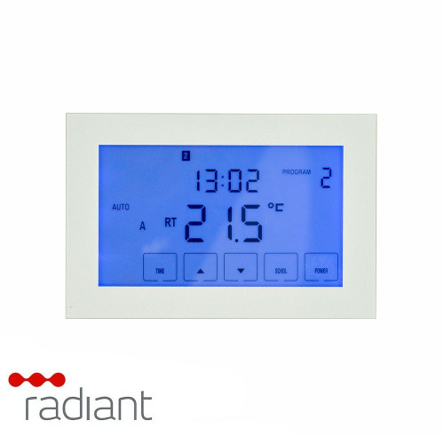 Radiant GTSW-DUAL-H-WIFI Glass Fronted Dual Purpose WiFi Thermostat and Timer Switch in White, horizontal orientation for Australian underfloor heating and towel rail systems.
