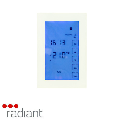Radiant GTSW-TH-V-WIFI Premium White Glass Fronted Vertical Touch Screen WIFI Thermostat for underfloor heating in Australian homes.