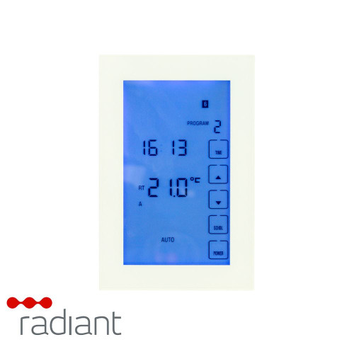 Radiant Glass Fronted Touch Screen Thermostat Vertical Mounted White GTSW-TH-V for Australian bathrooms.