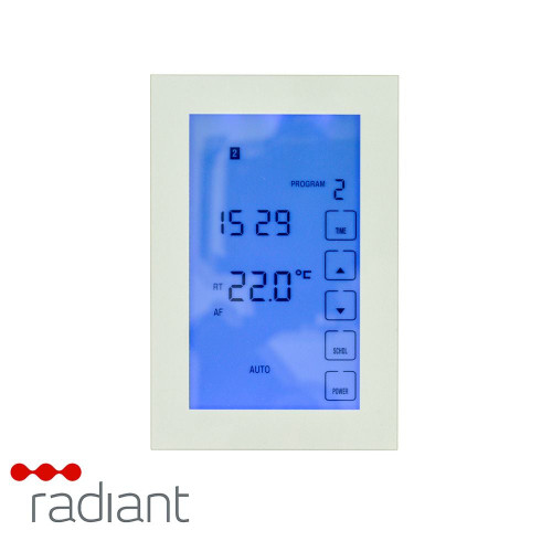 Radiant GTSS-TH-V Premium Silver Vertical Digital Underfloor Heating Thermostat with glass screen for Australian homes.