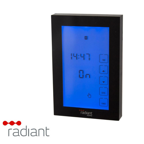 Radiant Premium Vertical Digital Timer Switch in Black for heated towel rails, an automated bathroom heating solution available for Australian renovations.