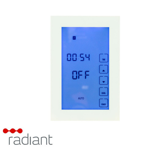 Radiant GTSW-CD-V Premium Glass Touch Screen Digital Countdown Timer in Vertical White for heated towel rails in Australian homes.