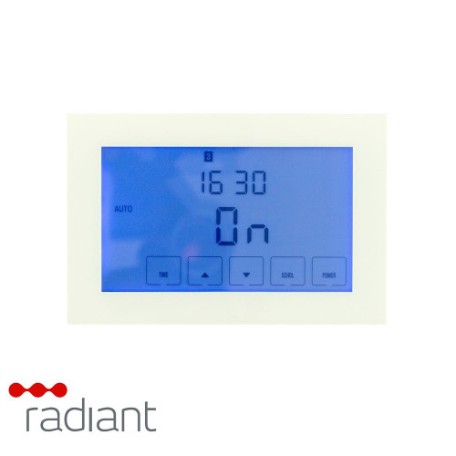 Radiant GTSW-CD-H Glass Fronted Touch Screen Countdown Timer Switch in White for horizontal mounting on Australian heated towel rails.